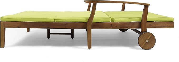 GDFStudio Samantha Double Chaise Lounge for Yard and Patio, Acacia Wood Frame, Teak Finish with Green Cushions, (307567)