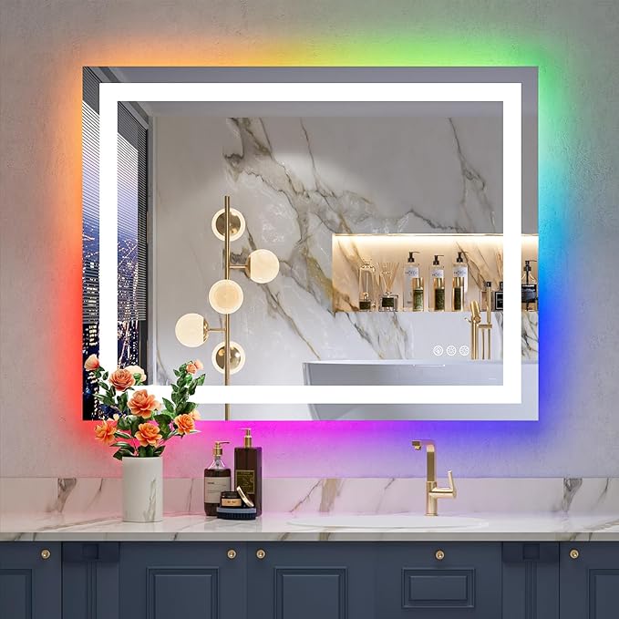 36x30 Inch RGB LED Bathroom Mirror Front Light and RGB Backlit Lighted Vanity Mirror for Bathroom Wall Mounted Dimmable Anti Fog Memory Shatter-Proof IP54 Waterproof Horizontal/Vertical