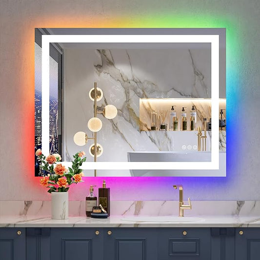 36x30 Inch RGB LED Bathroom Mirror Front Light and RGB Backlit Lighted Vanity Mirror for Bathroom Wall Mounted Dimmable Anti Fog Memory Shatter-Proof IP54 Waterproof Horizontal/Vertical