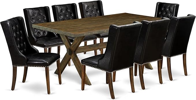 East West Furniture X777FO749-9 9 Piece Dining Table Set Includes a Rectangle Dining Room Table with X-Legs and 8 Black Faux Leather Parsons Chairs, 40x72 Inch, Multi-Color