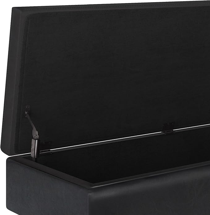 SIMPLIHOME Owen 48 inch Wide Mid Century Modern Rectangle Rectangular Storage Ottoman in Midnight Black Vegan Faux Leather, Assembled, for the Living Room, Entryway and Family Room