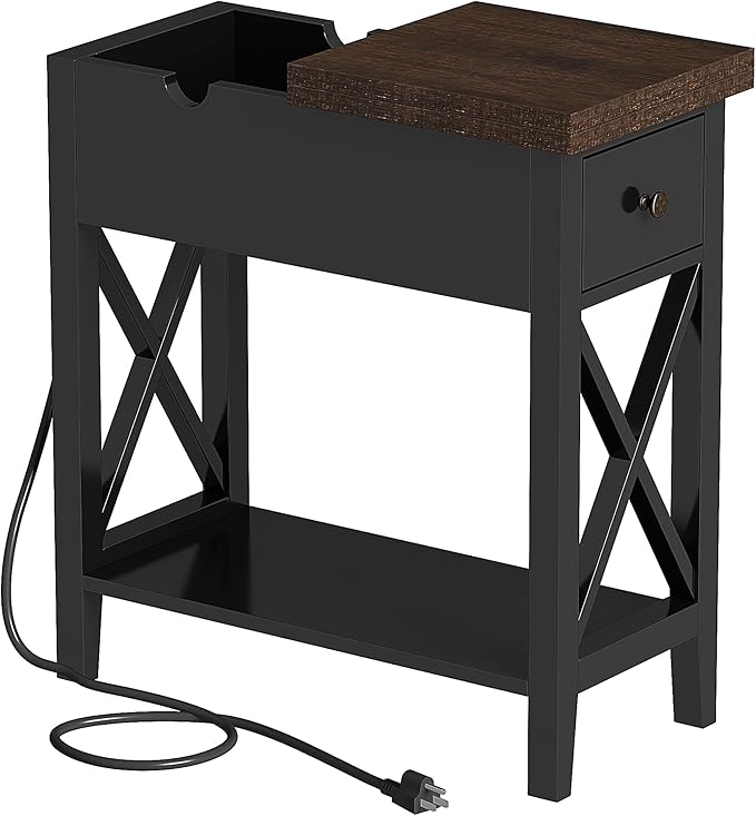 ChooChoo End Table with Charging Station, Accent Small Side Table Nightstand for Living Room, Bedroom, and Small Spaces, Rustic Black