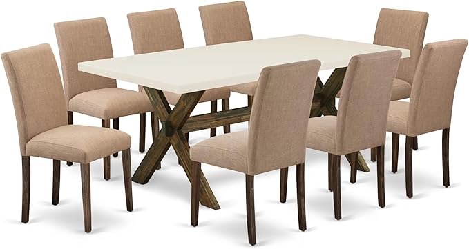 East West Furniture X727AB747-9 9 Piece Dining Set Includes a Rectangle Dining Room Table with X-Legs and 8 Light Sable Linen Fabric Upholstered Parson Chairs, 40x72 Inch, Multi-Color