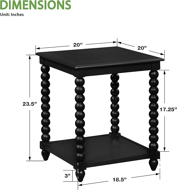 OSP Home Furnishings Elise Cottage Style Table with Spindle Legs, Open Storage Shelf, End Table, Black Finish
