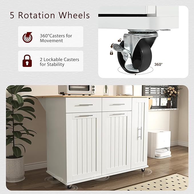 46" Kitchen Island with Drop Leaf,Kitchen Storage Cart W/ 3 Tier Pull Out Cabinet Organizer & Internal Storage Rack,Rolling Kitchen Cart on Wheels W/Towel Rack & 2 Drawers,for Kitchen,White