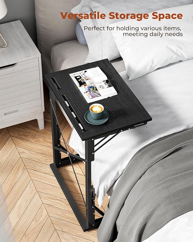 21''Wx28''H Folding TV Tray Set of 2, Small Foldable C-Shaped Tray Table for Eating with Tablet and Phone Slots, Slide Under Couch Side Table for Recliner, Living Room, Bedroom, Black