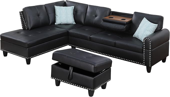 Ball & Cast 98" L Shaped Sectional Couch for Living Room with Chaise & Storage Ottoman,4 Seat Faux Leather Upholstered Modular Sectional Sofa Set 3 PCS W/Cup Holder&Nailhead Trim,for Home,Office,Black
