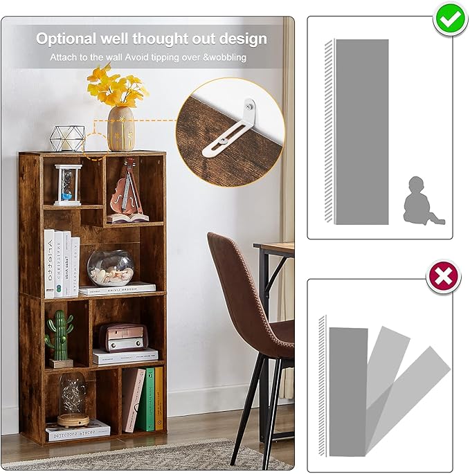VECELO 42 Inch High Bookcase, 4-Tier Modern Storage Cabinet with Height Difference Shelves for Standard Textbooks, Floor Standing, 7 Cubes, Horizontal Available, Easy Assembly, Rustic Brown