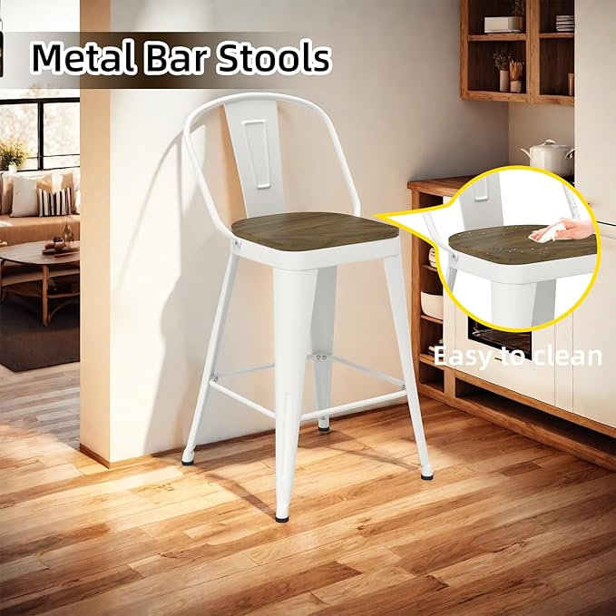 Metal Bar Stools Set of 4, High Back Bar Stools with Wooden Seat, 30 inch White Barstools for Kitchen Island