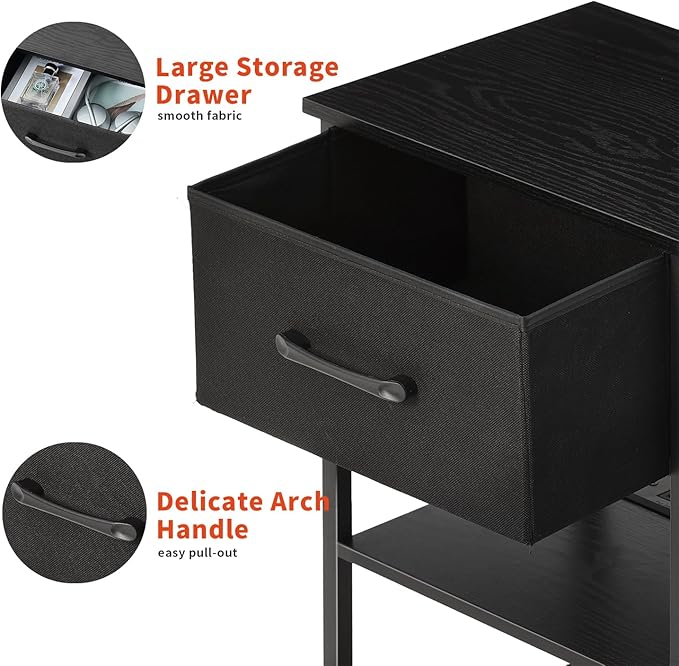 Nightstands Set of 2 with Charging Station and Drawer, End Table Side Table with 20 Colors LED Light Strip and 2 Layers Shelf for Bedroom Living Room Sofa (Black)
