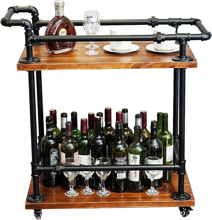Industrial Pipe Bar Carts/Serving Carts/Kitchen Carts/Wine Rack Carts on Wheels with Shelves - Wood Rolling Carts - Wine Tea Liquor Shelves/Holder - Home Furniture