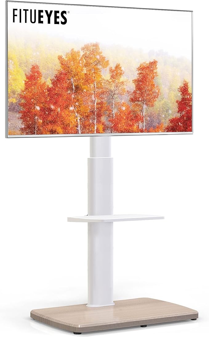 FITUEYES Floor TV Stand Tall for Living Room, Bedroom, Corner TV Stands for TVs up to 70 Inch Swivel TV Mount Stand with Height Adjustable Shelf Upgrade Sturdy Wood Base White
