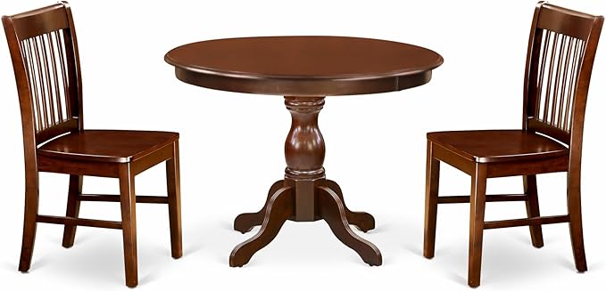 East West Furniture HBNF3-MAH-W 3 Piece Dining Set Contains a Round Dining Room Table with Pedestal and 2 Wood Seat Chairs, 42x42 Inch, Mahogany