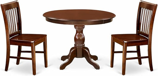 East West Furniture HBNF3-MAH-W 3 Piece Dining Set Contains a Round Dining Room Table with Pedestal and 2 Wood Seat Chairs, 42x42 Inch, Mahogany