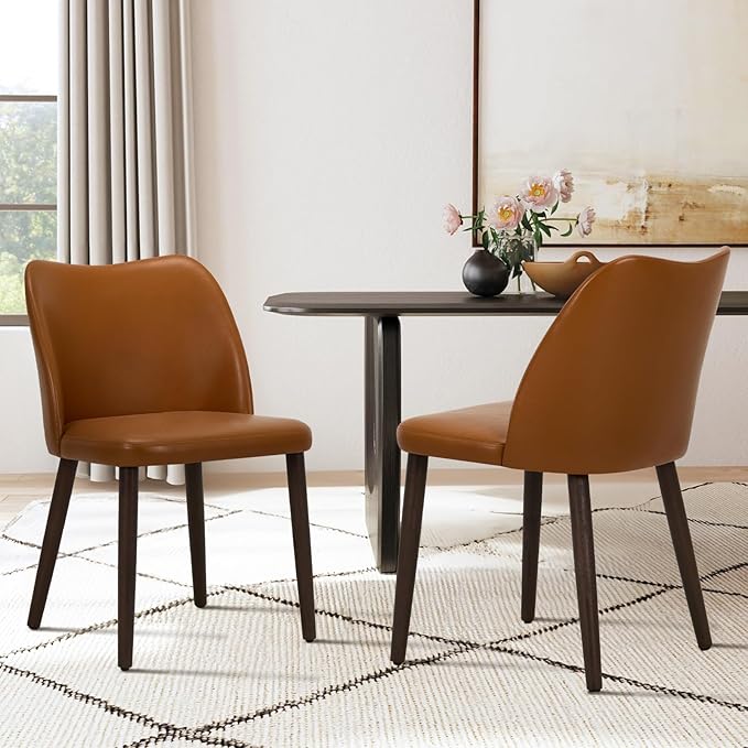 COLAMY Upholstered Dining Chairs Set of 6, Modern PU Leather Dining Room Kitchen Side Chair with Padded Seat and Wood Legs Restaurant/Cafe,Light Brown