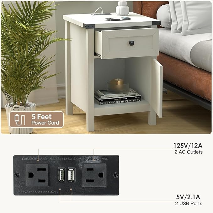 Farmhouse Nightstand with Charging Station, White Side Table, Rustic End Table with Barn Door and Drawer, Rustic Floating Nightstands Modern Bed Side Table Night Stand for Bedroom and Living Room