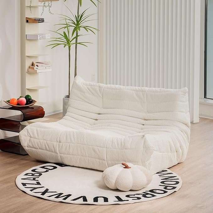N&V Fireside Loveseat, Mid Century Armless Twin Size Floor Sofa, Soft Premium Corduroy Floor Lounge Chair, Foam Sofa Accent Chair for Living Room Bedroom and Office, Ivory, Full