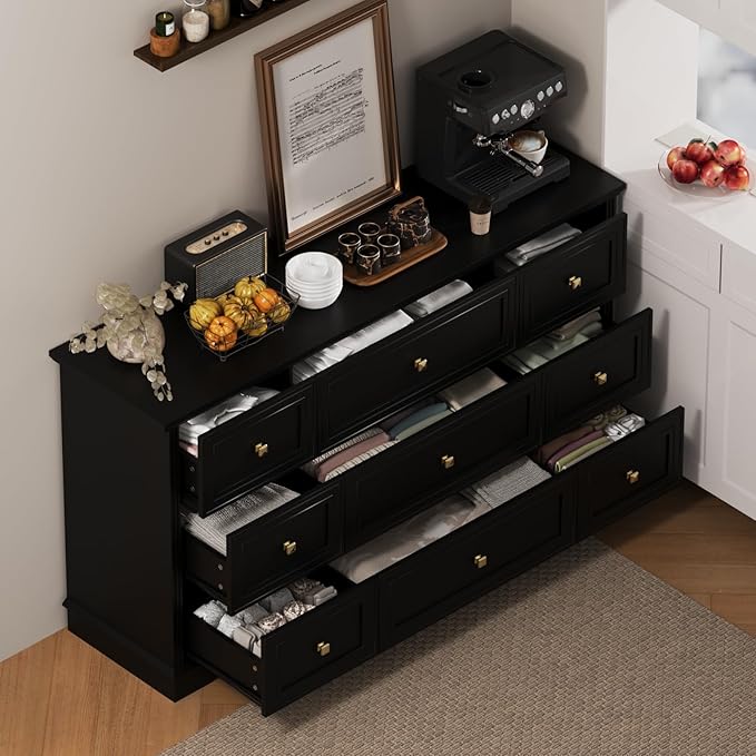 9-Drawer Dresser, 57" Wooden Chest of Drawers with Rustic Top, Modern Farmhouse Furniture Organizer, Bedroom Storage Cabinet for Clothes, Accessories, Living Room, or Entryway, Black