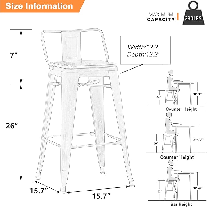 Yongchuang 26 inch Bar Stools Set of 4 Kitchen Counter Height Chairs with Wood Seat Industrial Low Back Metal Barstools Cream White