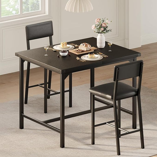 IDEALHOUSE Dining Table Set for 2 w/Counter Height Table & 2 Upholstered Bar Stools, 3-Piece Kitchen Table Set with Footrest & Corner Protector, for Kitchen Room, Apartment, Pub