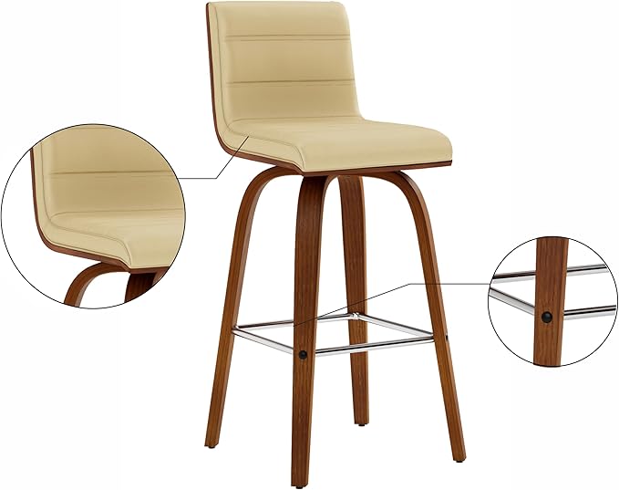 Armen Living Vienna Modern Swivel 26" Counter Height Barstool with Cream Faux Leather and Walnut Wood Finish