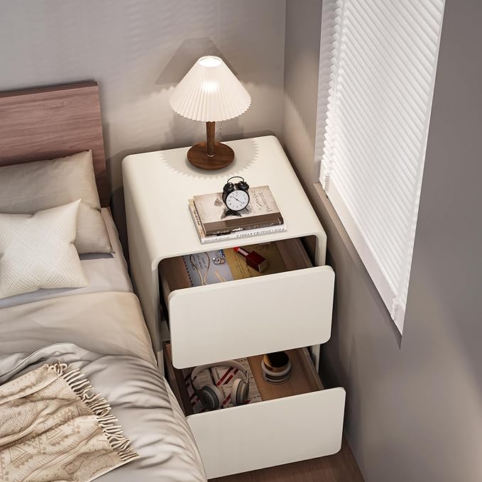 VICITON Modern Narrow Faux Leather Nightstand, Solid Wood Drawer, Storage Accent Table, Small Side End Table for Bedroom (Cream White, Large(15.7inch))