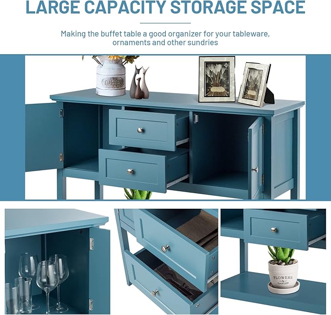 COSTWAY Buffet Sideboard, with 2 Wood Storage Drawers & Open Shelf, Console Table for Living Room Kitchen Dining Room Furniture (Blue)