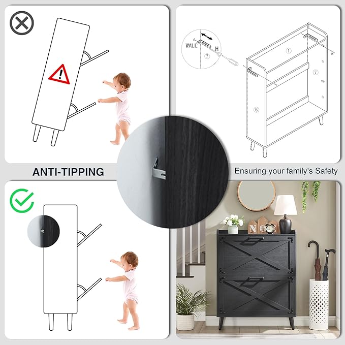 Shoe Storage Cabinet, Farmhouse Shoe Organizer with 2 Flip Drawers & Barn Door Design, Freestanding Hidden Slim Narrow Shoe Rack Cabinet for Entryway, Foyer, Hallway, Black