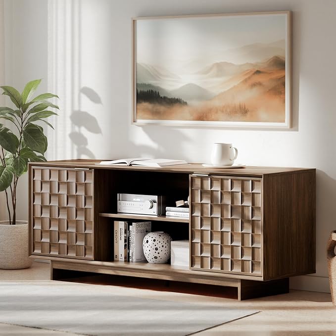 COLAMY TV Stand with Two Doors, Entertainment Center 59" with Adjustable Shelves and Storage, Mid-Century Modern TV Stand for 50/55/65 inch TV, Media Console Cabinet for Living Room, Bedroom Walnut