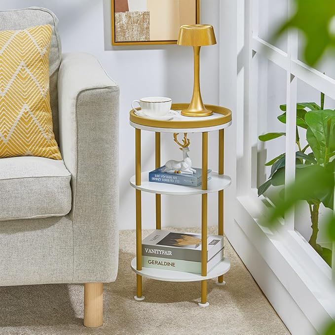 Small Round End Table with Charging Station, 3-Tier Accent Couch Beside Table with USB Ports & Power Outlets, Sofa Side Table for Living Room Small Nightstand Bedroom (Classic, White+Gold)