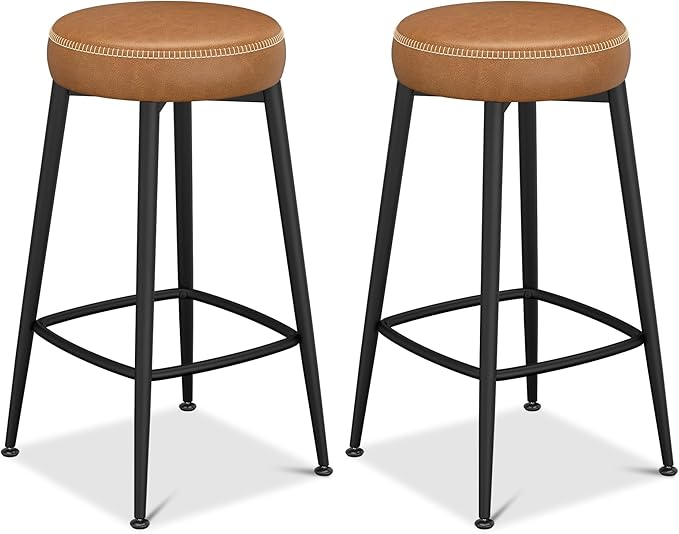 Counter Height Bar Stools, 26" H Backless Bar Stools Set of 8, Upholstered Faux Leather Kitchen Counter Stools, Mid Century Modern, Kitchen Island Home Bar, Pub, Caramel Brown