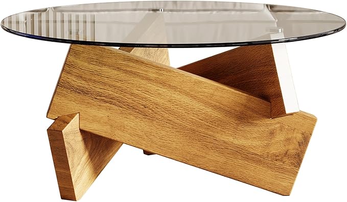 Honyee Morden Rounded Coffee Table, 30.7" x 30.7" x 16.1" Tempered Glass Top for Living Room, Color: Natural Wood