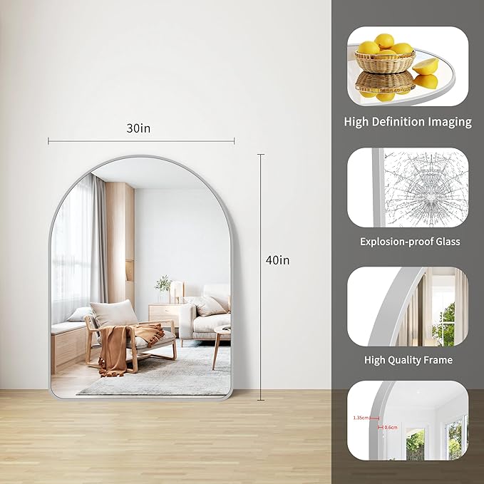 FORBATH Arched Bathroom Mirror 40x30 Inch, Silver Arch Wall Mirror with Aluminum Frame, Arched Mirror for Dresser, Fireplace,Entryway,Home Decor,Hanging or Leaning Against Wall