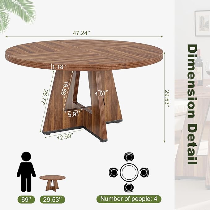 NicBex 47-Inch Round Dining Table for 4, Farmhouse Dinner Table Small Farmhouse Kitchen Tables with Wood Pedestal Base for Dining Room, Kitchen, Living Room, Brown