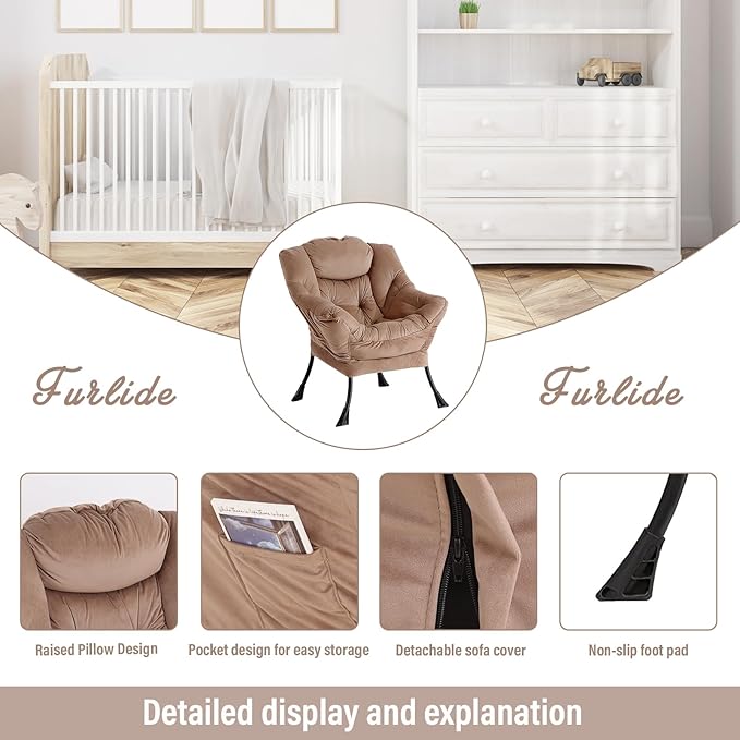 Lazy Chair with Ottoman, Modern Chair with Folding Footrest, Lounge Accent Chair, Comfortable Reading Chair, Oversized Armchairs for Bedroom, Study, Living Room, Courtyard (Khaki)
