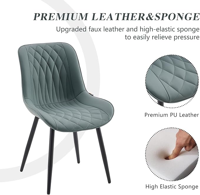 YOUNIKE Dining Chairs Set of 2 with High Back Mid Century Modern Kitchen & Dining Room Chairs PU Faux Leather Upholstered Wide Comfortable Padded Accent Chair for Living Room Bedroom Greyish Green