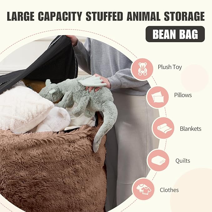 Fluffy Bean Bag for Stuffed Animals Storage, Faux Fur Washable Bean Bag Chair Cover(No Filler) for Textile Plush Toys, Beanbag Chair Cover for Adults Kids Teens, 5FT, Khaki