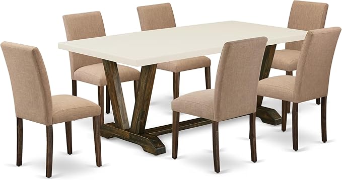 East West Furniture V727AB747-7 7 Piece Modern Dining Table Set Consist of a Rectangle Wooden Table with V-Legs and 6 Light Sable Linen Fabric Parson Dining Chairs, 40x72 Inch, Multi-Color