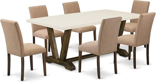 East West Furniture V727AB747-7 7 Piece Modern Dining Table Set Consist of a Rectangle Wooden Table with V-Legs and 6 Light Sable Linen Fabric Parson Dining Chairs, 40x72 Inch, Multi-Color