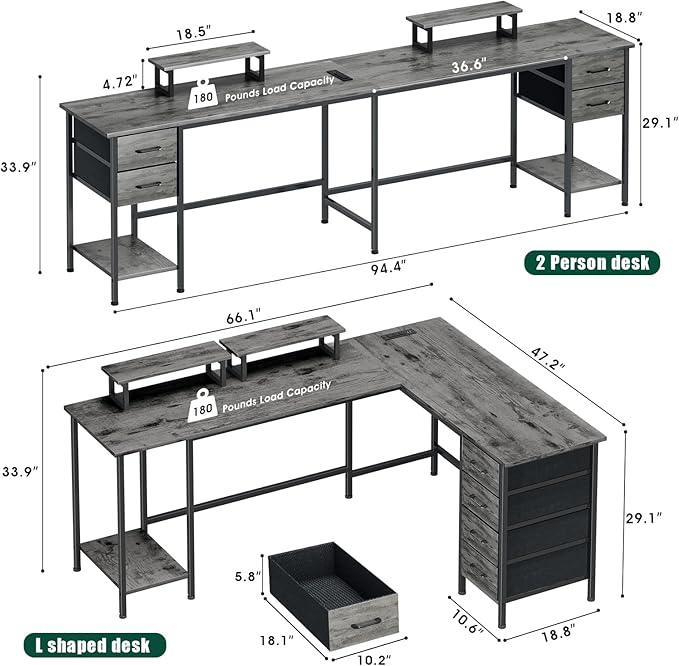 66" L Shaped Computer Desk, 94.4'' Home Office Desk with Power Outlets, 4 Adjustable Storage Drawers & 2 Monitor Stands, Large Two Person Gaming Table for Writing Study, Grey