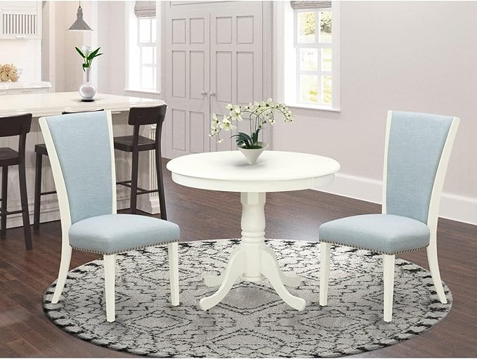 East West Furniture ANVE3-LWH-15 3 Piece Dining Table Set Contains a Round Dining Room Table with Pedestal and 2 Baby Blue Linen Fabric Upholstered Chairs, 36x36 Inch, Linen White