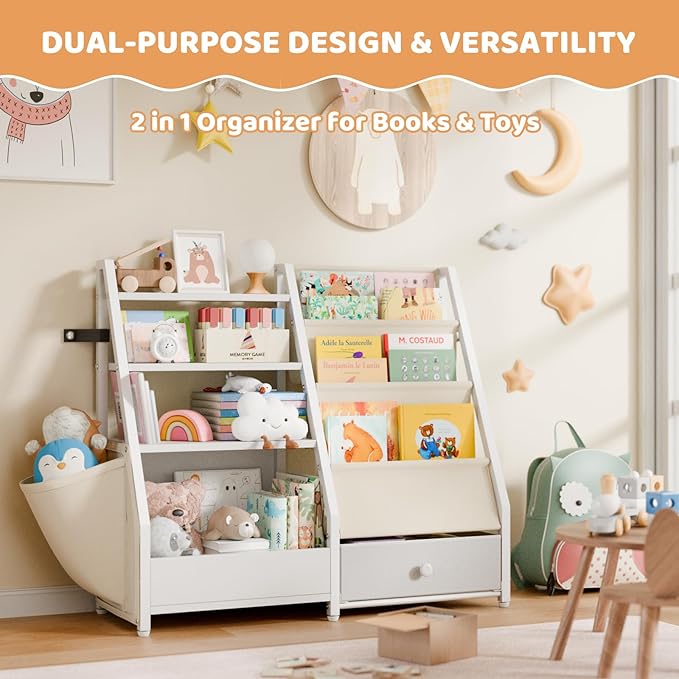 Kids Bookshelf and Toy Storage - Kids Book Shelf for Kids Rooms, Toddler Bookshelf Baby Bookcase for Nursery, Montessori Toy Organizer, White