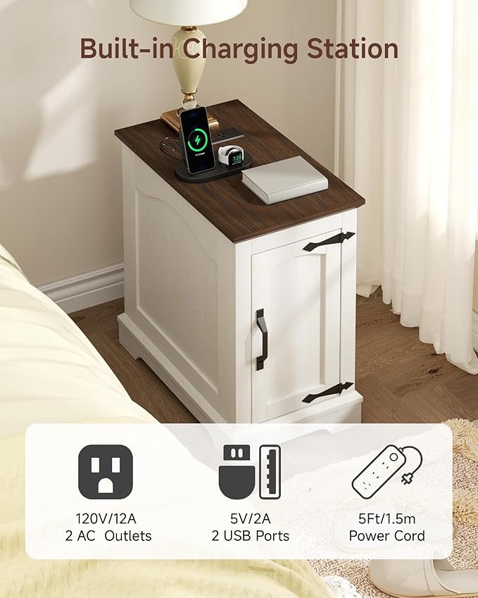 Narrow Side Table with Charging Station,13.8" W End Table with Storage for Sofa Couch or Bed Side with Outlets & USB Ports,Farmhouse Nightstand for Bedroom, Living Room (White & Walnut)