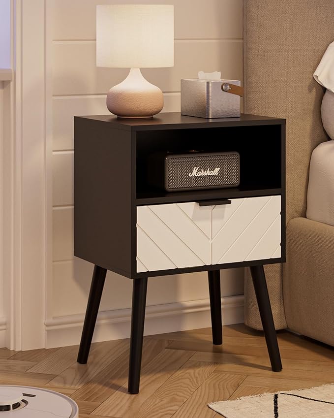 Nightstand,Bedside Table with Gold Frame, Black Night Stand, Modern Bedside Furniture,End Table with Drawer and Shelf for Bedroom,Living Room