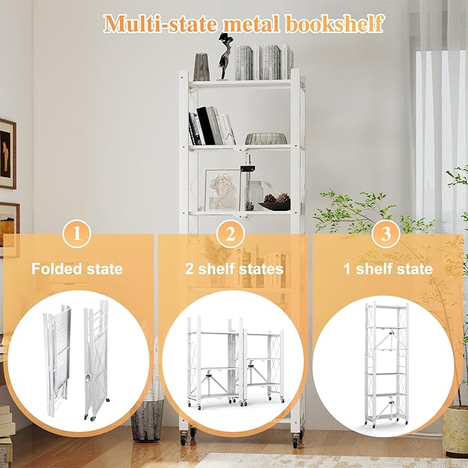 BAYOYONI 6 Tier Industrial Bookshelf - Storage Shelves with Two Usage Modes - Foldable Metal Bookshelves for Living Rooms, Offices, and Bedrooms (White, 6 Tier)