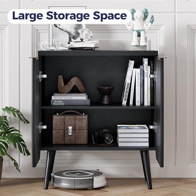Fluted Buffet Cabinet – Modern Wood Sideboard with 2-Doors & Shelves, Multifunctional Storage Cabinet & Credenzas for Entryway, Dining & Living Room, Black