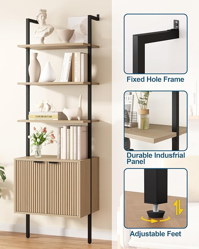 Yusong 73" Tall Bookshelf with Cabinet, Industrial Ladder Wall Mount Shelf Bookcase with Wood and Metal Frame, Plant Shelf Wall Storage Display for Living Room Bedroom, Wavy Light Ivory
