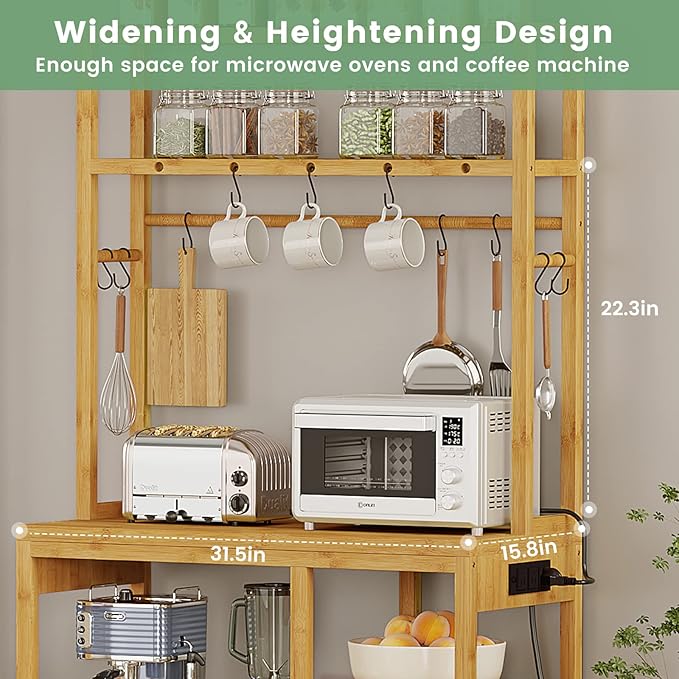 Bakers Rack with Power Outlets, 8-Tier Microwave Stand, Kitchen Utility Storage Shelf 10 S-Shaped Hooks, Coffee Bar Table Station, Standing Rack, 31.5 x 15.7 x 65 Inches, Bamboo
