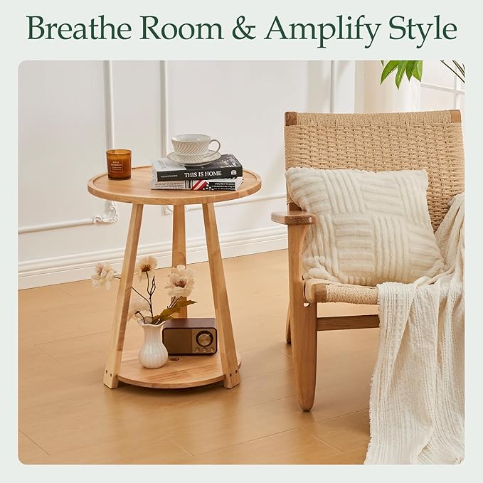Round Solid Wood Side Table - Small Round Wooden End Table, Modern Living Room Side Beside Tables with Shelf for Couch Sofa Armchair Office Bedroom, Natural, 19.6 in x 19.6 in x 23.6 in