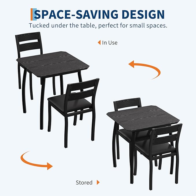 GAOMON Dining Table Set for 2, 3 Piece Small Kitchen Table and 2 Upholstered Chairs with Metal Frame & Wood Grain Tabletop for Small Space, Apartment, Kitchen, Dining Room, Black